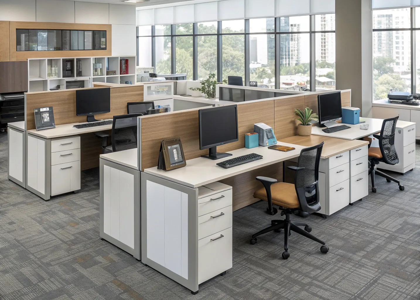 Office workspace with custom desks and storage